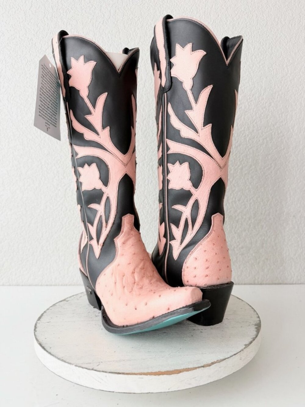 Lane Jolene Pink Cowboy Boots Black Ostrich Western Cowgirl Snip Toe Mid Calf 8
